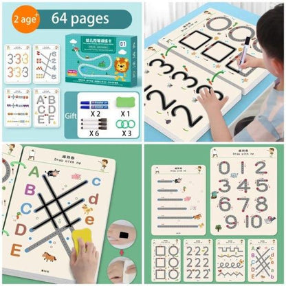 64Pages Kids Reusable Tracing Work Book with 2 Pens and 1 Foam Duster